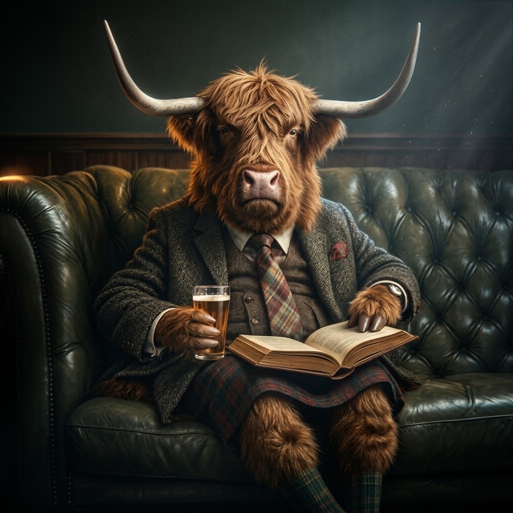 KI-generiertes Bild: Ein Highland-Rind im Anzug sitzt mit einem Glas und einem aufgeschlagenen Buch auf einem grünen Ledersofa.