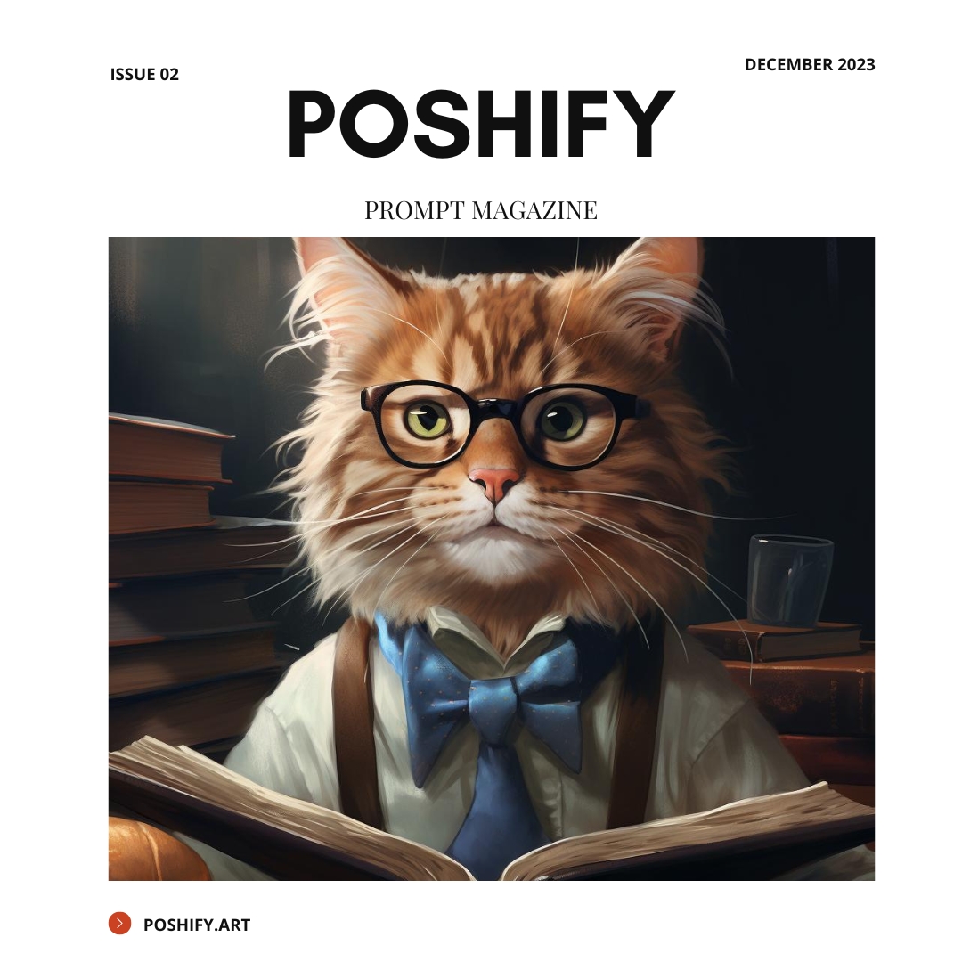 Cover des POSHIFY Prompt Magazine vom Dezember 2023 mit einer Katze und einem Buch